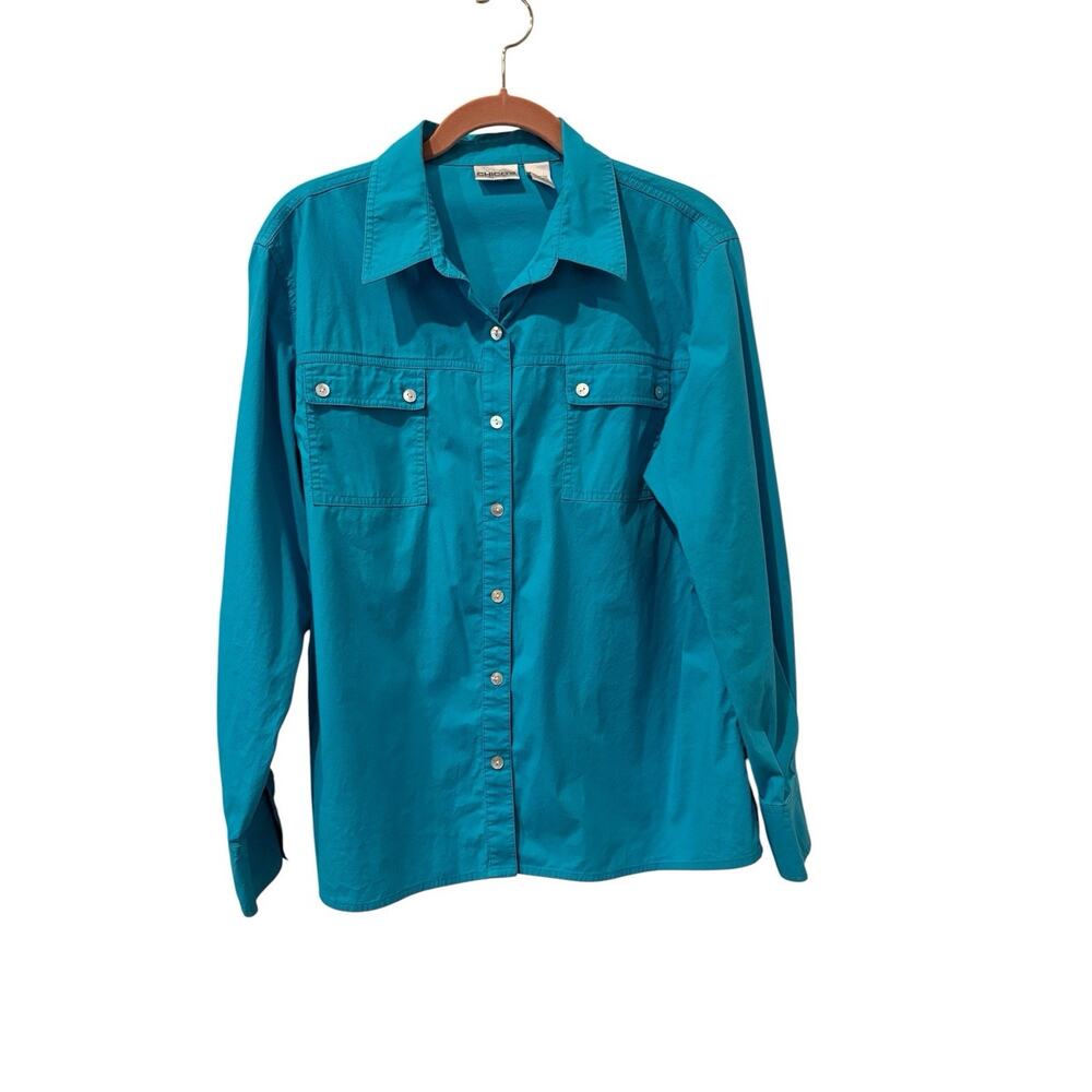Chico's Teal Blue 97% Cotton Button Front Long Sleeve Shirt Size 2 (L)